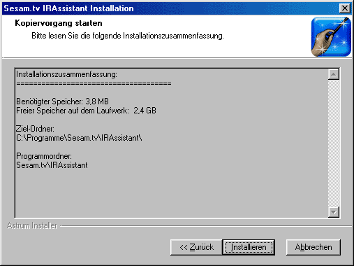 Jetzt kann der Installationsvorgang mit "Installieren" 