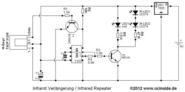 Click to enlarge - The circuit diagram of the IR repeater