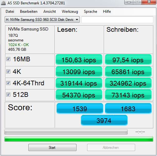 Samsung Evo 500 GB M.2 NVMe Review Benchmark values and test results